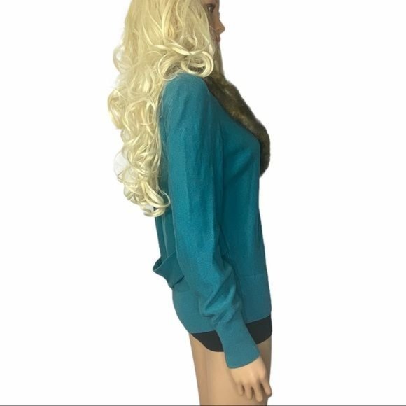 CAbi Tearoom Cardigan w/faux fur collar removable Medium Teal Green EUC - Picture 6 of 14